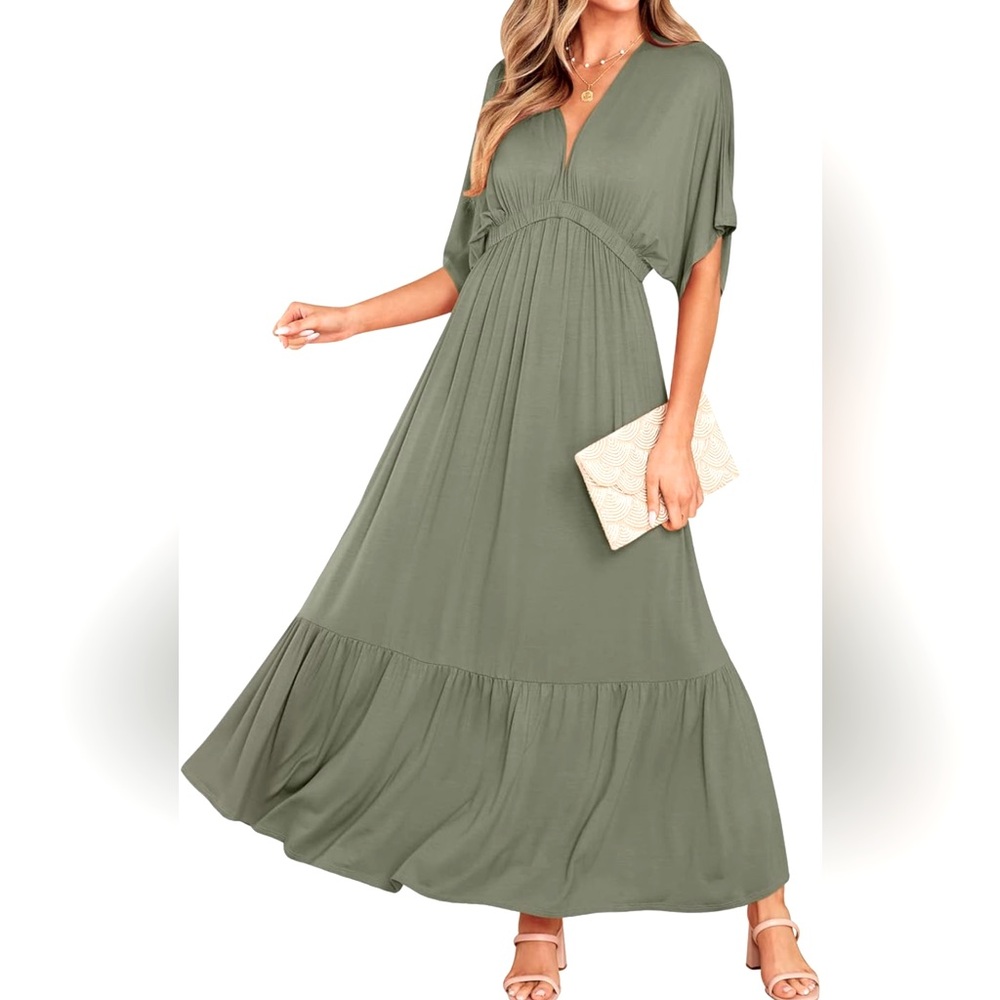 NWT DEEP SELF  V Neck Batwing Short Sleeve Flowy Maxi Dress Casual Loose, Small